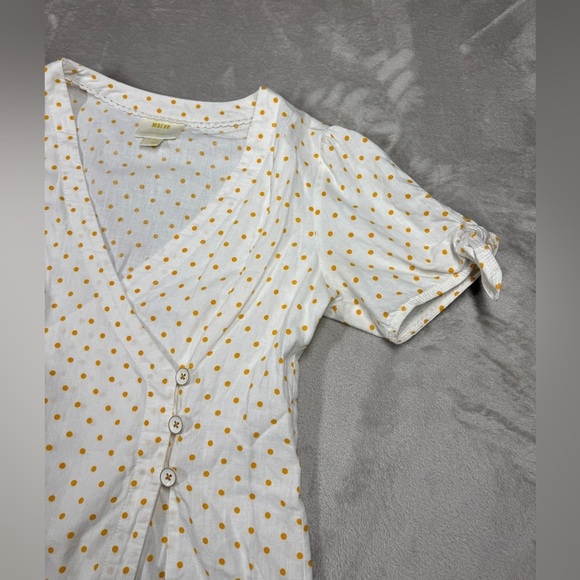 Anthropologie Maeve Linen Blend Louise Polka Dot Wrap Puff Sleeve Retro Top 4 - Picture 5 of 16